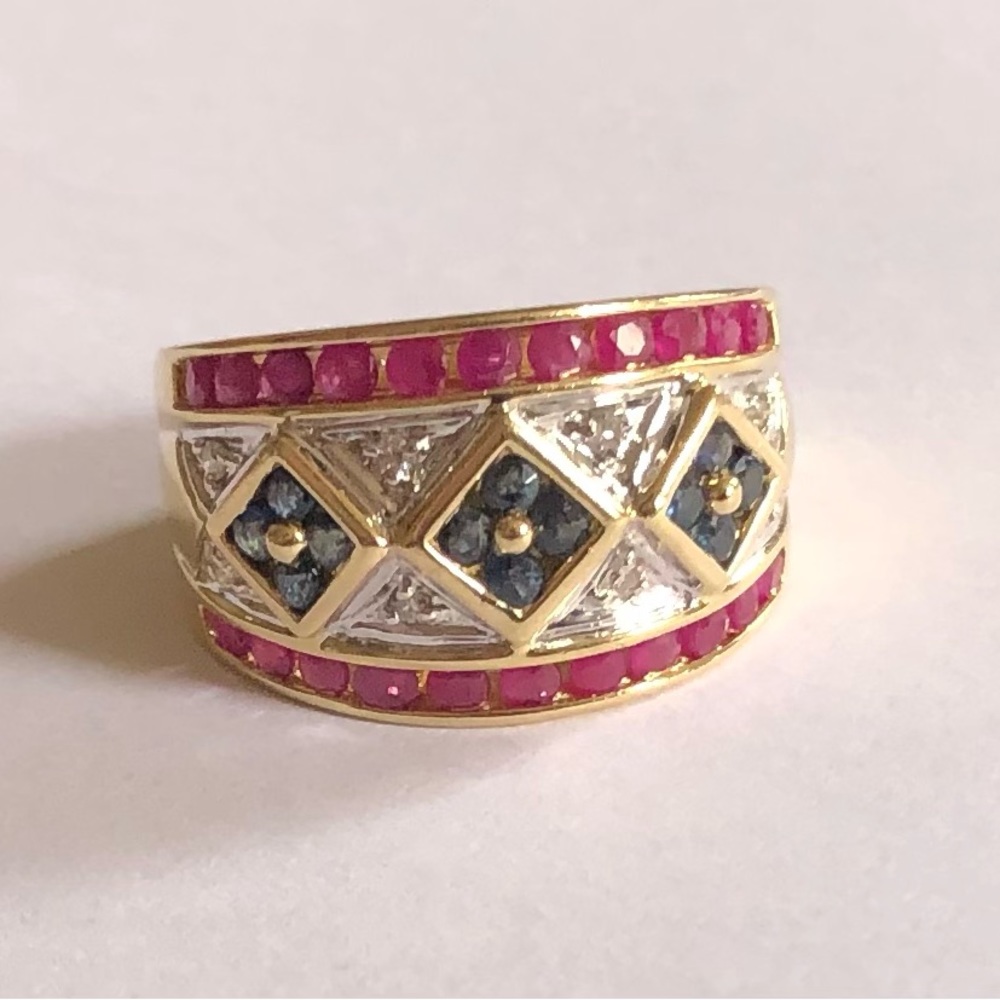 14k Diamond Sapphire Ruby Ring - image 3